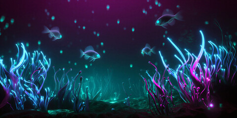 Obraz premium Glowing underwater scene with colorful coral and fish in deep ocean