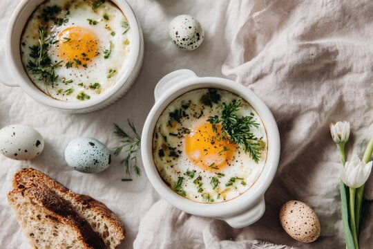 Two white ceramic ramekins with oeuf en cocotte.