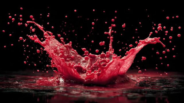 Dynamic red liquid splash displays artistic beauty in four captivating frames capturing vibrant motion and fluid elegance at high resolution