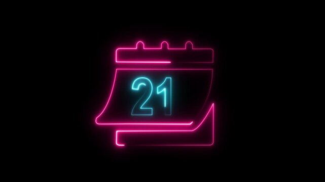 Neon Calendar Page Number 21 Glows with Pink and Cyan Lights on Black Background