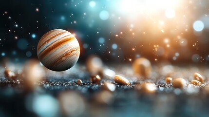Fototapeta premium An artistic representation of Jupiter, the largest planet in our solar system, beautifully rendered amid shimmering cosmic elements that depict the vastness of space and wonder.