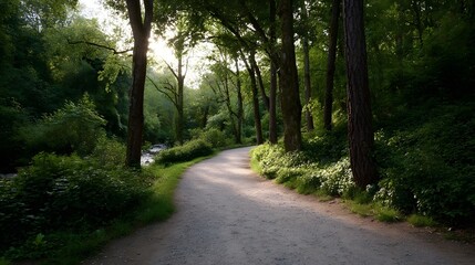 Obraz premium A sunlit winding gravel path meanders through a lush green forest evoking a sense of peace and natural beauty