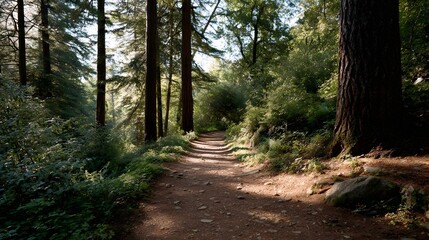 Obraz premium A sun d d forest path winds through a serene woodland landscape