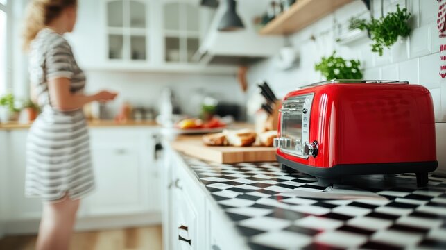 A sleek red toaster sits prominently on a patterned kitchen counter, embodying contemporary design and the warmth of home cooking in a bright, inviting space.