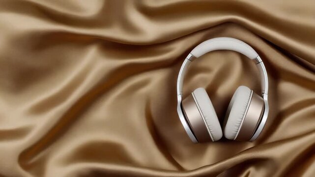 Headphones are shown on smooth fabric to highlight their design. The focus is on their shape and finish in different angles
