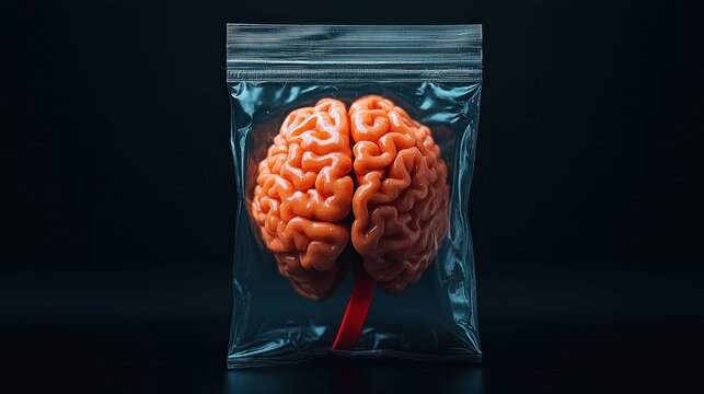 This image features a vibrant, realistic brain model encapsulated in a clear plastic bag, representing themes of science, mental health, and creativity in a striking visual.