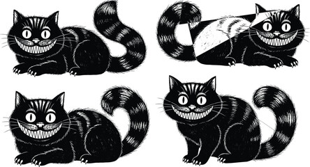 Cheshire Cat Grinning Character Set, Spooky Halloween Feline Illustration, Smiling Black Cat Vector Graphics for Fantasy and Whimsical Design Projects - flavector
