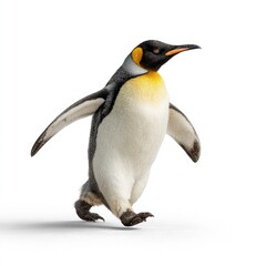 King penguin walking with wings outstretched on white background.