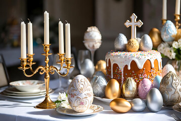 Easter, Easter cake on the table, candles and eggs in the church