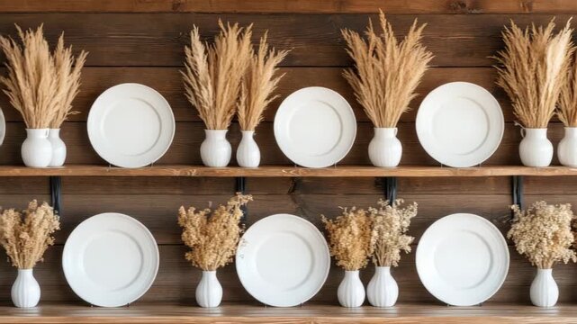White plates and small vases with dried flowers are arranged on wooden shelves. The design creates a clean and organized look