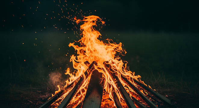Close up view of burning wood logs with orange flames and flying sparks in a campfire for the ritual when holashtak begins and holi