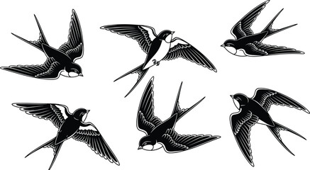 Flying Swallow Bird Vector Illustration Set, Barn Swallows Silhouette Collection, Nature Wildlife Graphic Elements, Flavector Brand Avian Sketches, Winged Creatures Portfolio © Rahim 