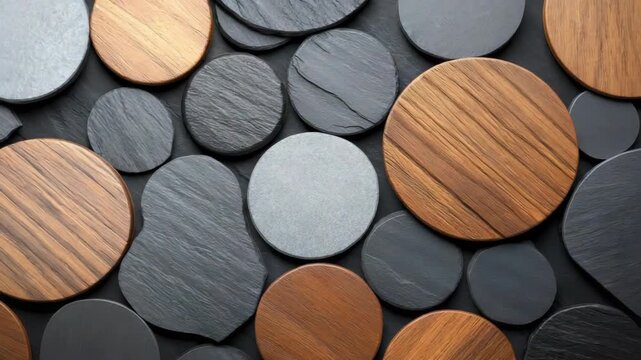 Various round shapes made from wood and stone placed on a flat surface. The mix of colors and sizes creates interest