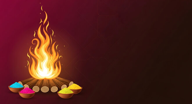 illustration of burning wood for holika dahan ceremony with bowls of gulal powder on dark background celebrating holashtak begins and happy holi festival
