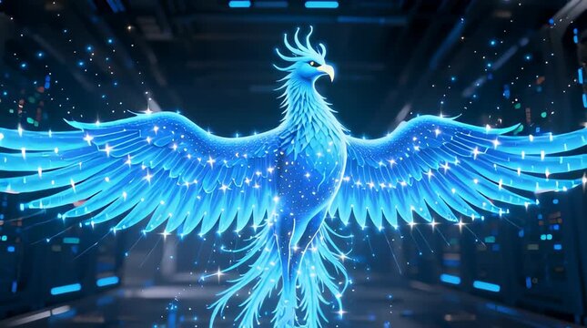 Glowing Blue Phoenix in Data Center.