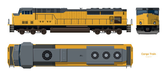 Isolated diesel cargo train. 3d drawing of yellow locomotive. Railway delivery. Side, top and front railroad vehicle view. © shaineast