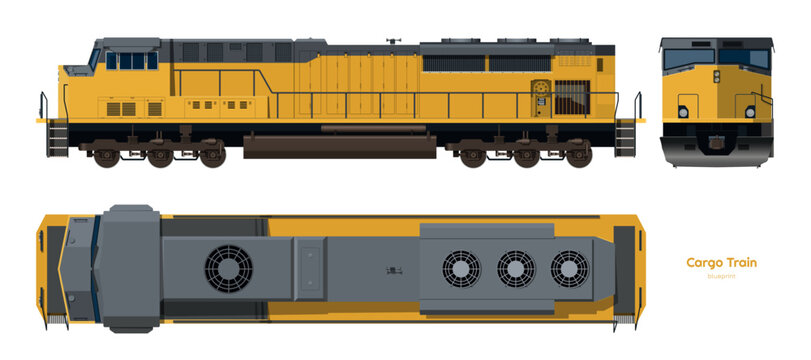 Isolated diesel cargo train. 3d drawing of yellow locomotive. Railway delivery. Side, top and front railroad vehicle view.