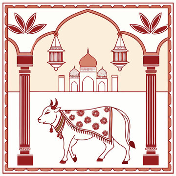 Decorated sacred cow with lotus flowers Indian folk art vector, Traditional Indian Pichwai Art of Shrinathji, Hindu symbols,  lotus. 