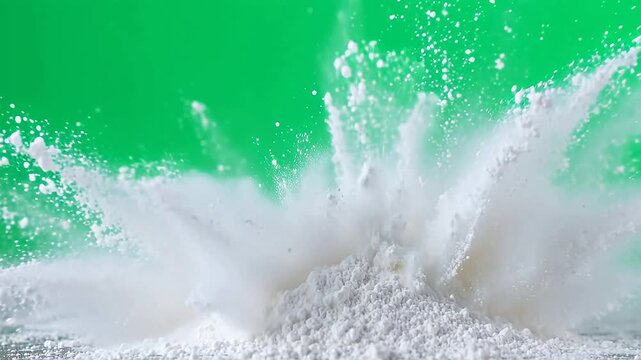 White powder explosion on green background