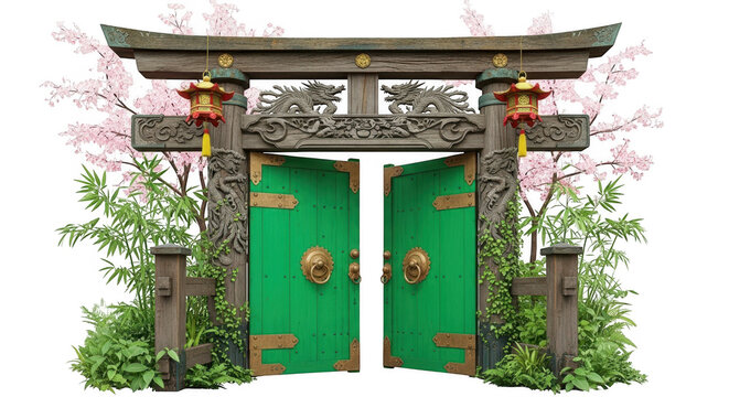 A green gate with pink flowers and greenery