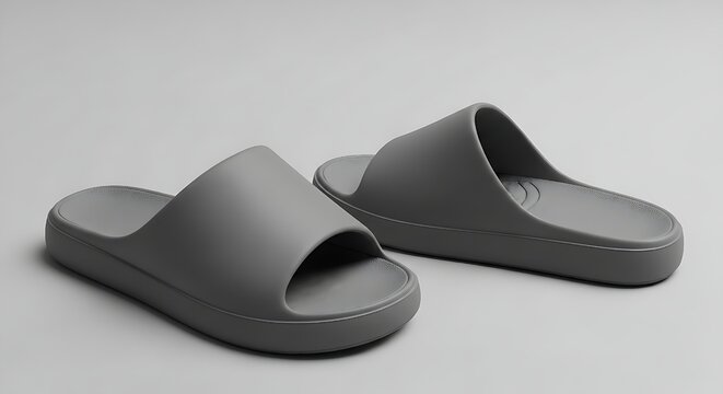 A pair of minimalist modern grey cloud slide sandals displaying simple ergonomic design and comfortable thick sole construction on a neutral background