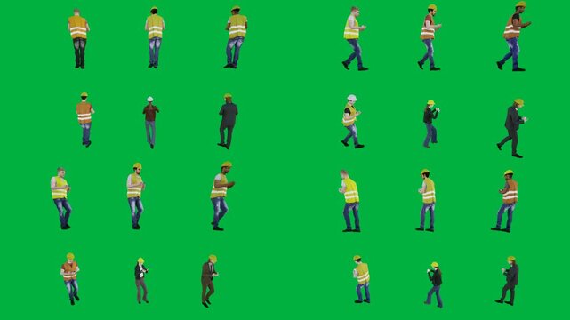 A group of people walking across green screen and construction workers on animated chromakey background design scene elements cartoonish figure movement frame colorful illustration