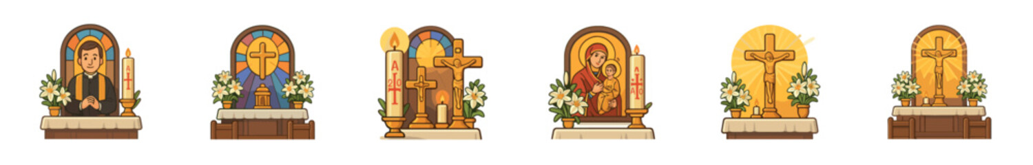 Fototapeta premium Various religious symbols and icons displayed on an altar with candles and flowers in a church setting during a ceremony