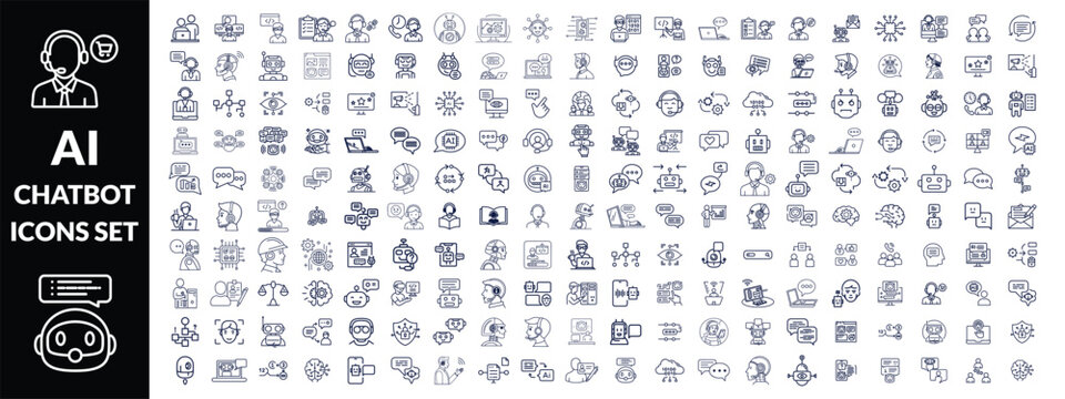 Chatbot set of web icons in line style. A collection of linear icons representing key Chatbot concepts, including a robot head with a headset, chatbot on a laptop, speech bubbles, Editable stroke 