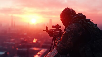 Obraz premium A lone figure clad in tactical gear, poised with a rifle against a breathtaking sunset backdrop, embodies intensity and vigilance in an urban landscape.