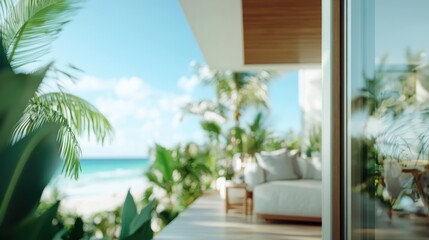 Fototapeta premium A vibrant tropical scene features lush greenery and a stunning ocean backdrop, showcasing a contemporary lounge space that radiates relaxation and tranquility.