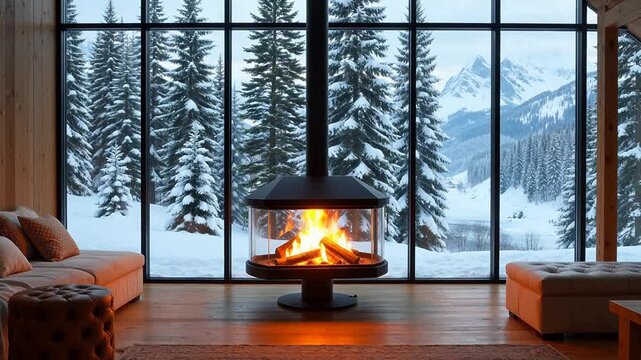 Cozy living room with fireplace and snowy mountain view