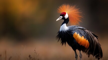 Fototapeta premium A regal crane showcases its vibrant plumage against a blurred natural setting, emphasizing the beauty and unique characteristics of this stunning bird.