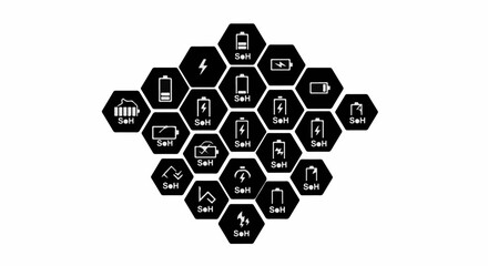 Fototapeta premium Collection of battery charge icons in honeycomb pattern, symbolizing energy levels and power