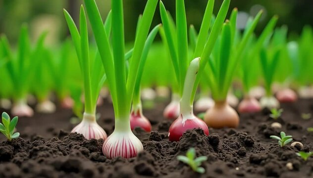 A backyard vegetable garden showing mature shallot plants with small bulbs 