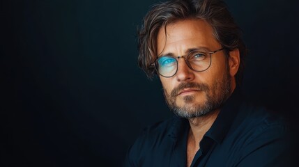 Obraz premium A confident gentleman with glasses gazes intently at the camera, his stylish appearance contrasted by a dark background that highlights his strong facial features and personality.