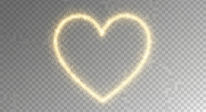 Golden heart shape made of sparkling particles on transparent background