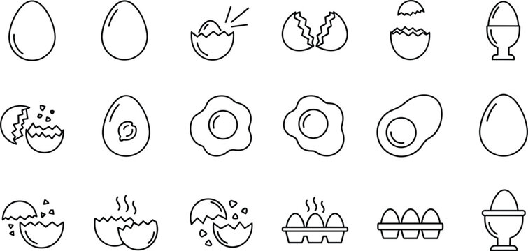 Vector line icon set of 18 egg elements including whole eggs, broken shells, fried eggs, and egg cartons।