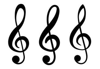 Obraz premium Three large black treble clefs aligned horizontally on a white background, evenly spaced, emphasizing musical notation, minimalistic composition suitable for music themed projects. Vector illustration