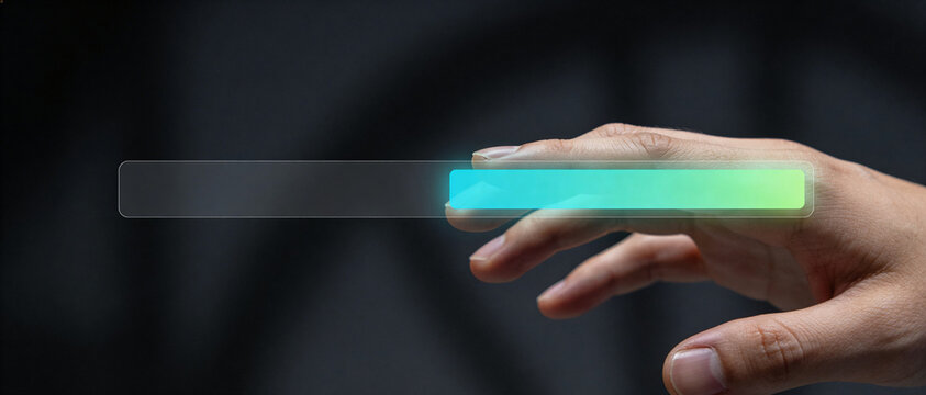 A hand is interacting with a futuristic transparent touchscreen interface featuring a colorful progress bar.
