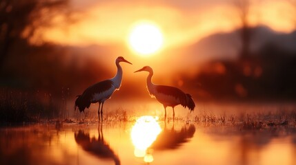 Fototapeta premium Two cranes gracefully stand in reflective waters during sunset, painting a serene scene. The image captures the tranquility of nature and the beauty of wildlife in harmony.