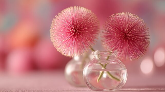 A beautifully captured image of twin pink spiky flowers in compact glass vases, set against a vibrant soft background, creating an appealing and lively visual experience. 