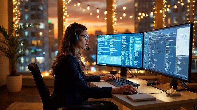 Woman working on computer with dual monitors
