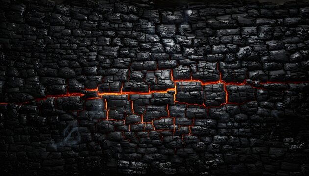Charred Wood Texture with Glowing Red Hot Coals and Embers, Burnt Timber Background, Top Down View of Carbonized Wood Surface with Intense Orange Fire Cracks