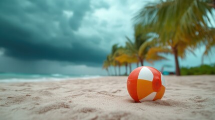 Obraz premium A bright beach ball resting on a sandy shoreline contrasts vividly against an ominous sky, epitomizing the allure and unpredictable nature of beachside leisure moments.