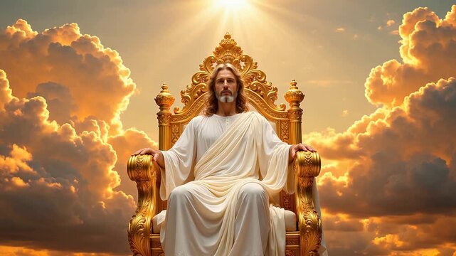 Man in white robe seated on golden throne