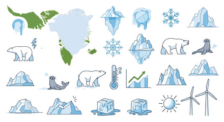 Arctic Climate Change Icons: Greenland, Polar Bears, Icebergs, Thermometer, Wind Turbines © malika
