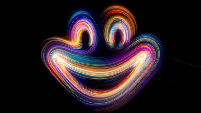 Colorful Light Trails Sketching A Smiling Face on Black Background. Joy Expression, Positive Mood, Playful Glow.