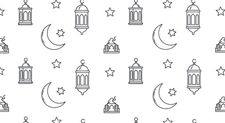 Ramadan Kareem seamless pattern with Islamic lanterns, crescent moon, stars, and mosque domes © malika
