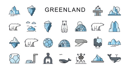 Greenland Arctic Icons: Icebergs, Polar Bears, Igloos, Whales, and Landscape Elements © malika