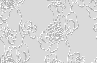 poppy grey floral line art vector seamless pattern Art Nouveau 